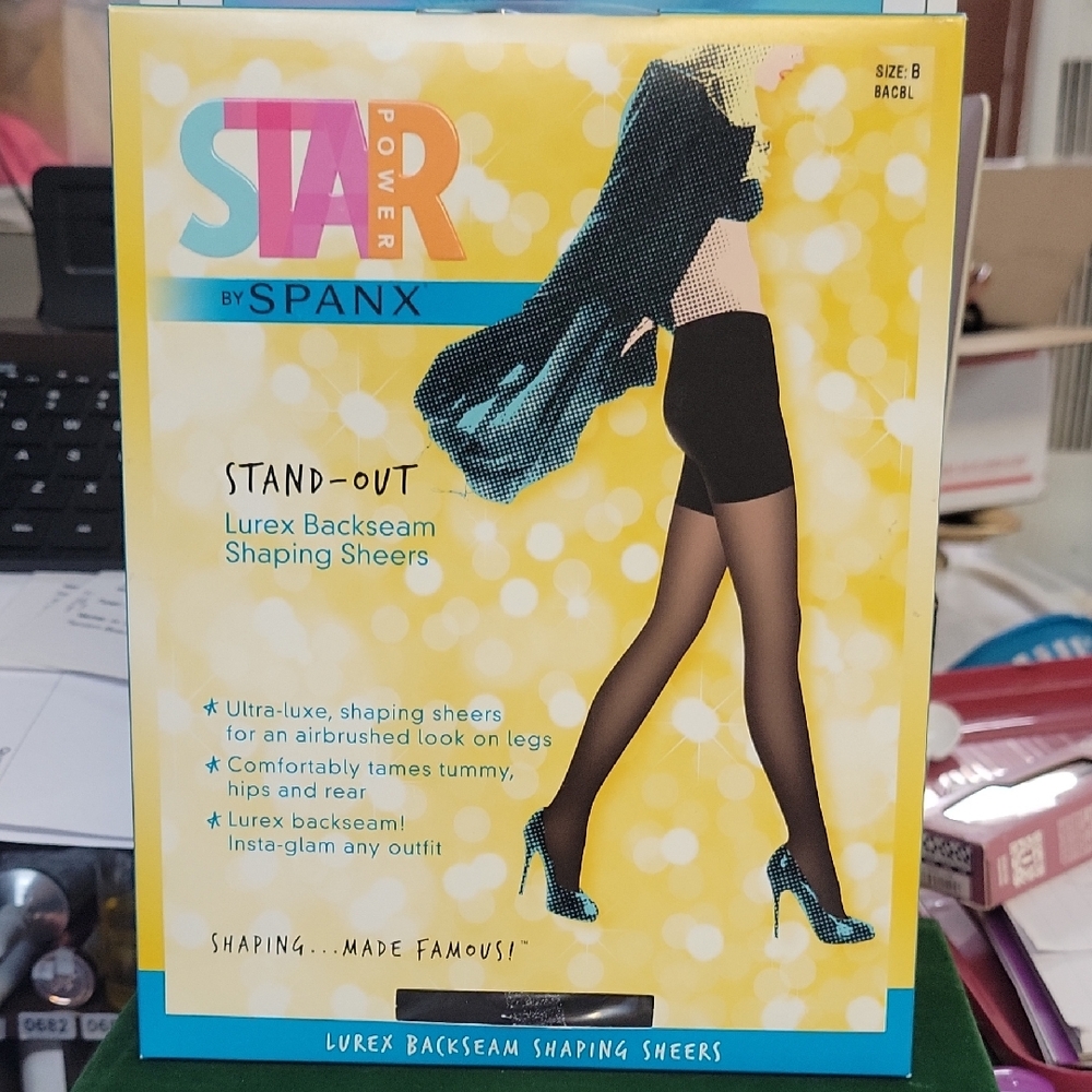 SPANX Star Power Black Lurex Backseam Sheers Size B Black New In Box